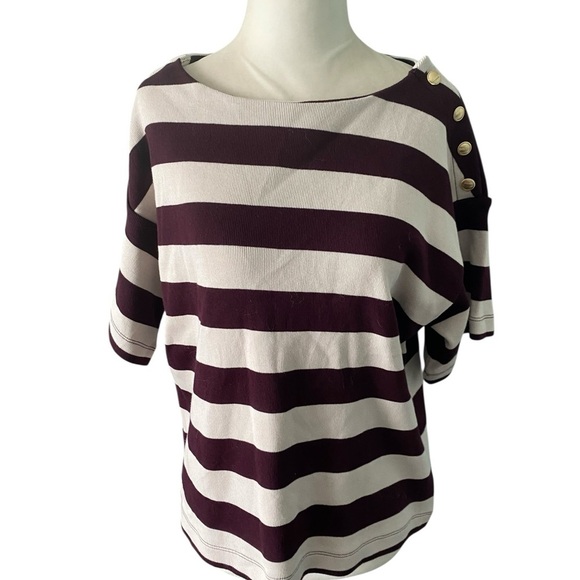 Ann Taylor Weekend Striped Ribbed button Top - Picture 3 of 12